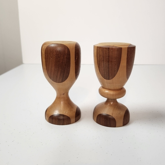 Vintage Set of 2 Hand Turned Wooden Pillar Candle Holders Canary Maple Rustic - Picture 1 of 6